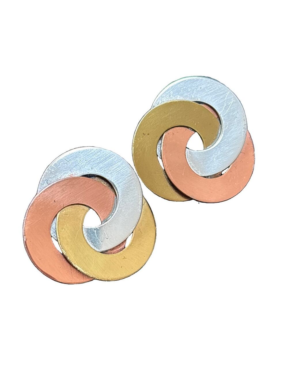 Vintage Artisan Multi Metal 3 Rings Stud Earrings Silver, Copper & Brass 1” Wide